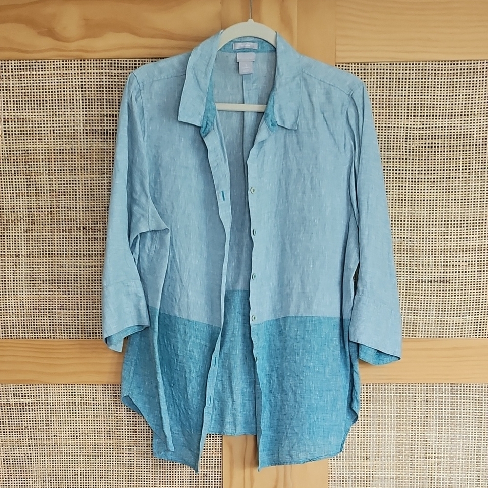 Chico's No Iron Color Blocked Linen Button Down Shirt Sz 3 (US Sz 16)